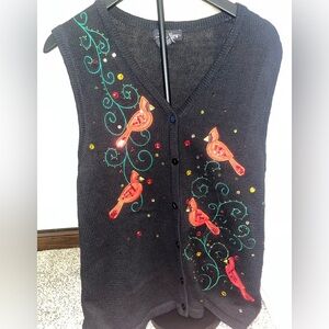 VTG SML Sz L Cardinal Bird Sweater Vest Sequin Embellished 80s Christmas Whimsy